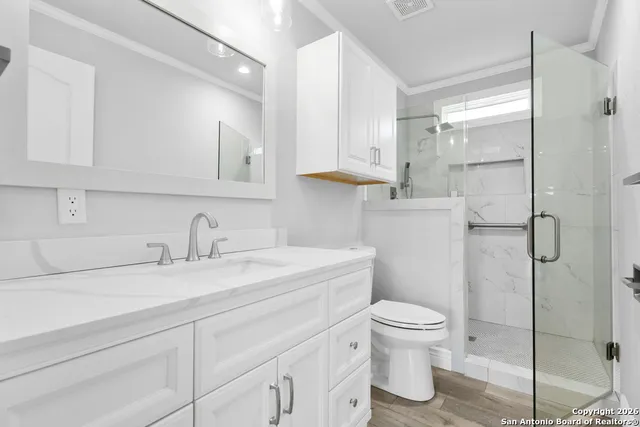 a bathroom with a granite countertop sink toilet and shower