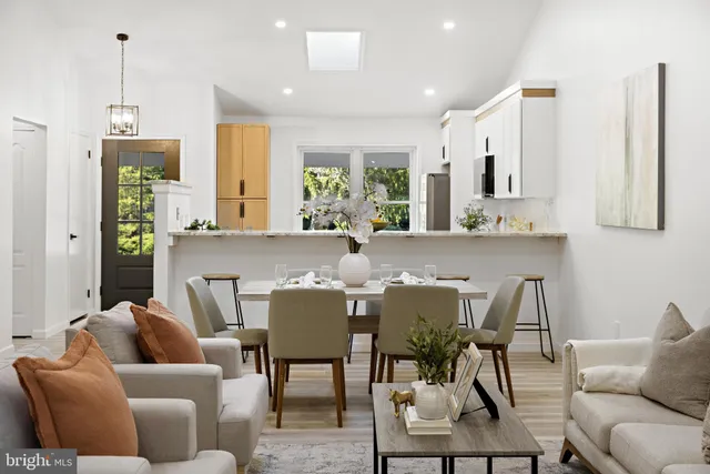 a view of a dining room with furniture