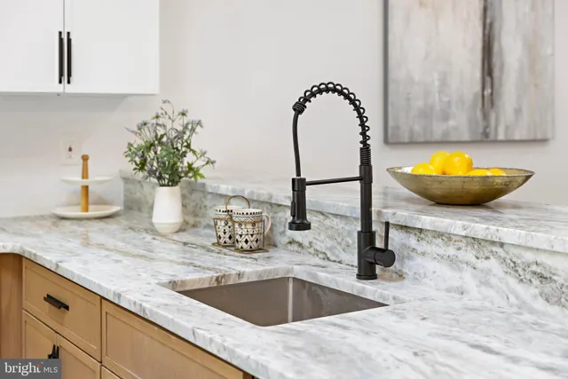 a view of a kitchen with a faucet and potted plant