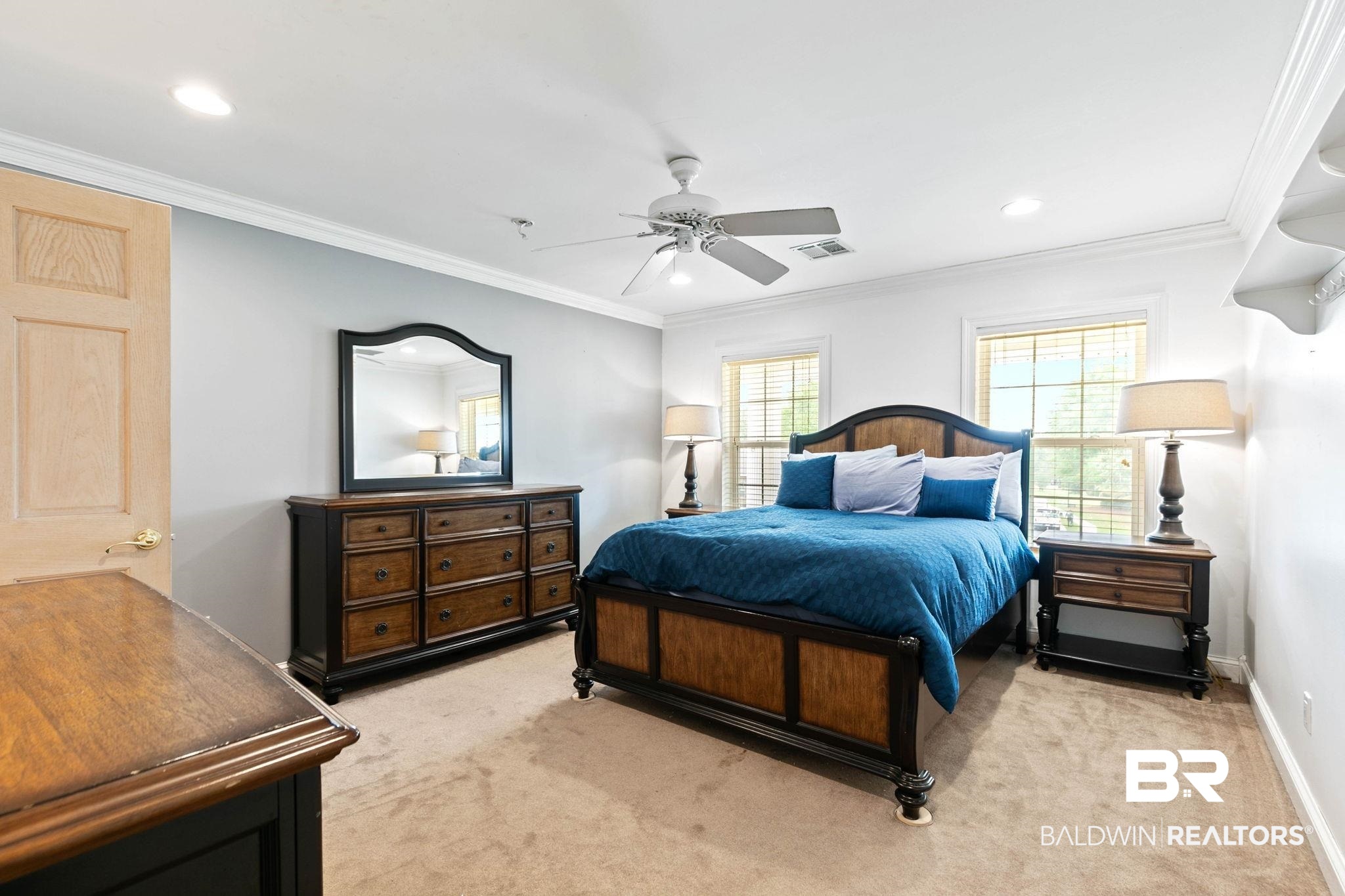 2 Speckle Trout Route Daphne, AL 36527 - Photo 27 of 61 Bedroom with light carpet, a ceiling fan, ornamental molding, and recessed lighting