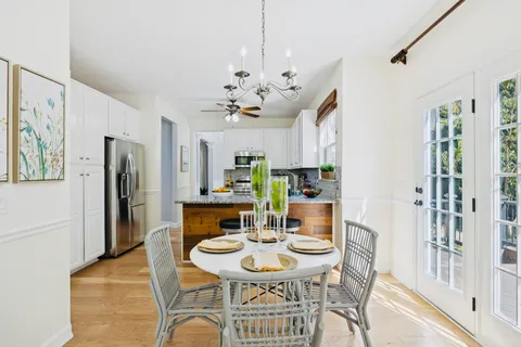 a view of a dining room with furniture