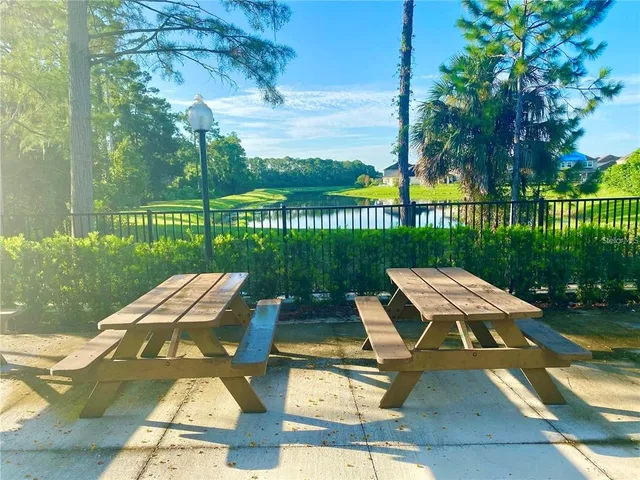 a lake view with a garden