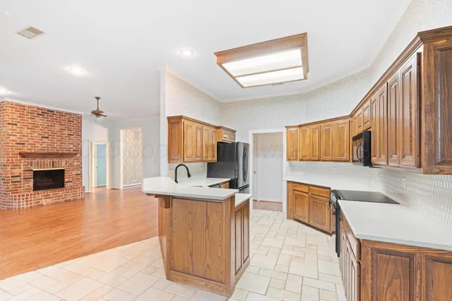 a kitchen with stainless steel appliances granite countertop a sink counter space cabinets and a fireplace