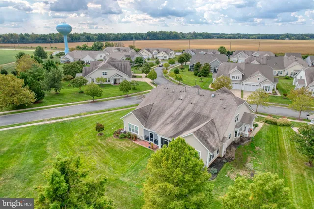 an aerial view of residential houses with outdoor space and lake view
