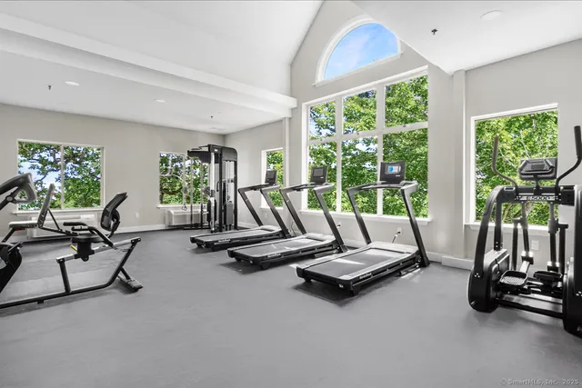 a view of a room with gym equipment and floor to ceiling window