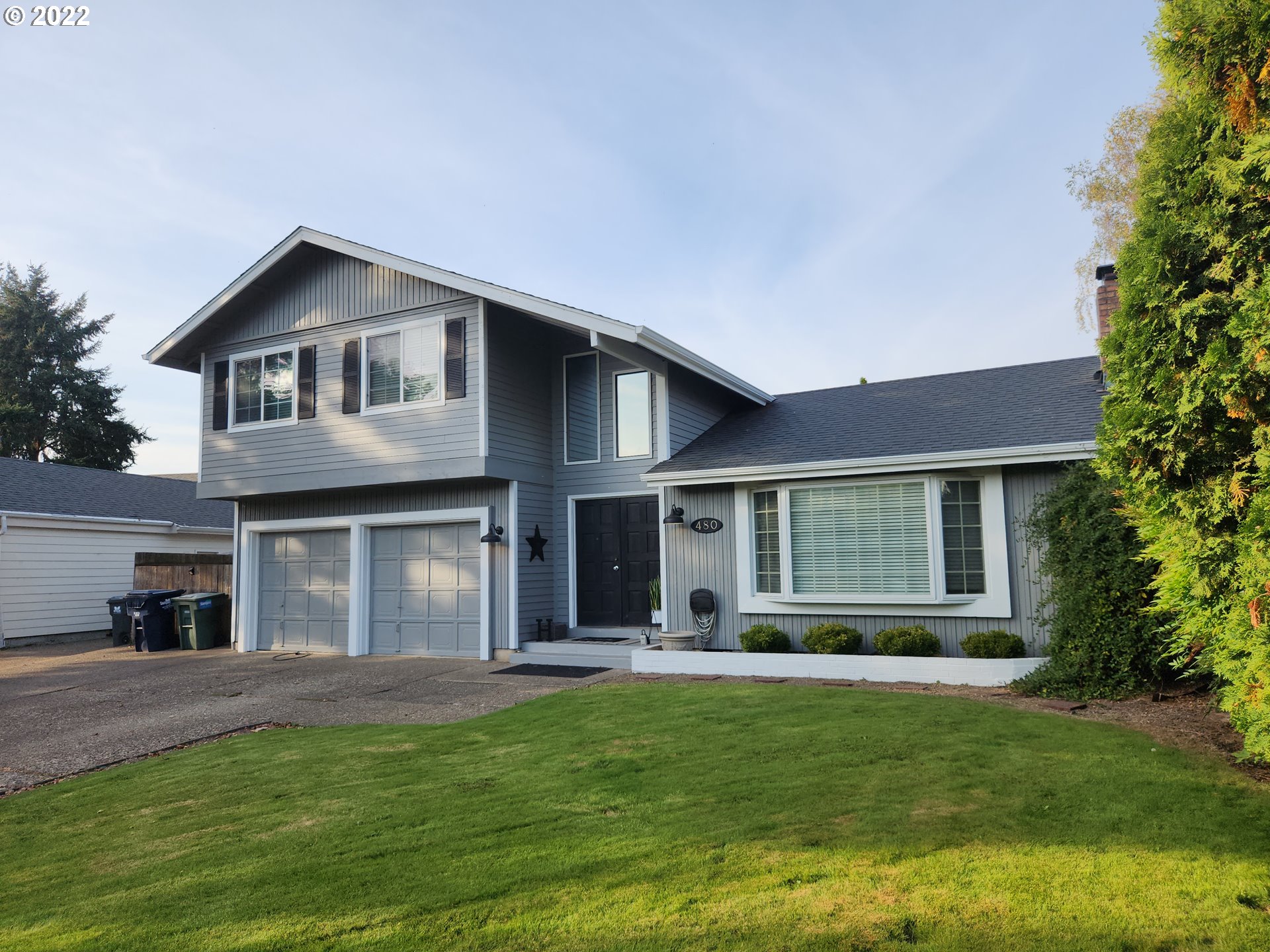 a front view of house with yard and green space