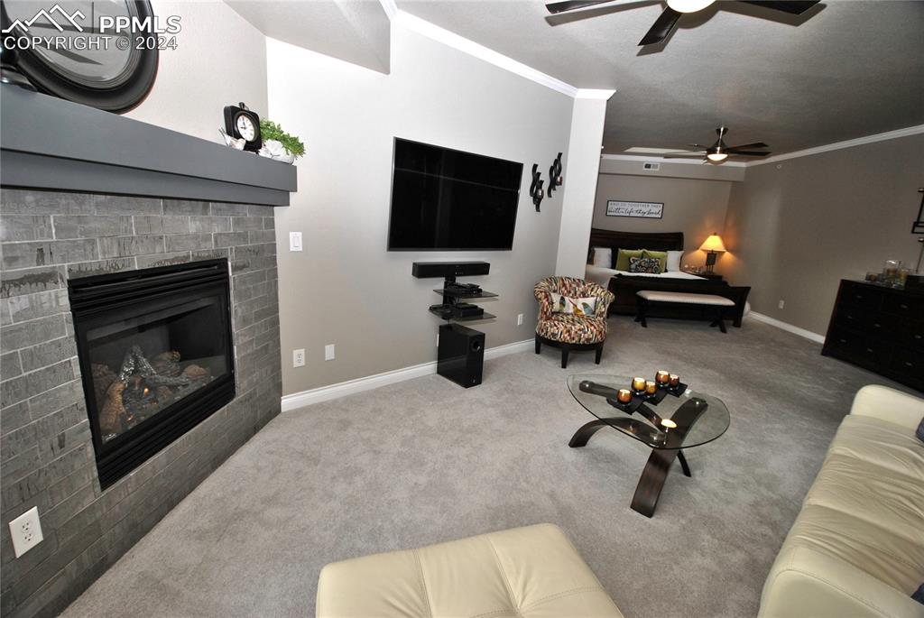 3770 Presidio Point, Unit 201 Colorado Springs, CO 80920 - Photo 24 of 40 a living room with furniture and a fireplace