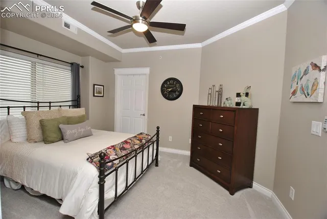 a bedroom with a bed and a fan