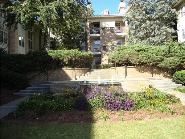 a view of a yard with plants and trees