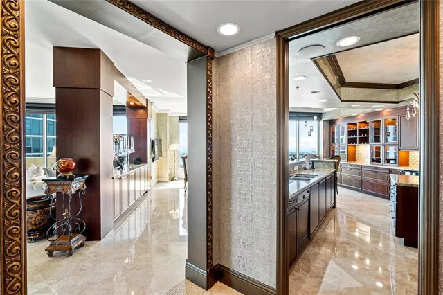a view of a dining room with furniture