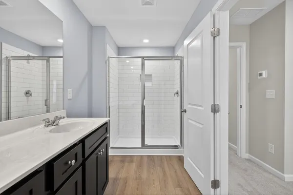 a bathroom with a double vanity sink mirror and shower