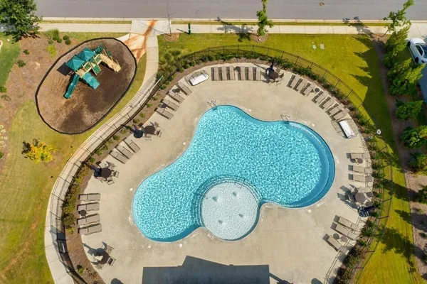 an outdoor view with a swimming pool