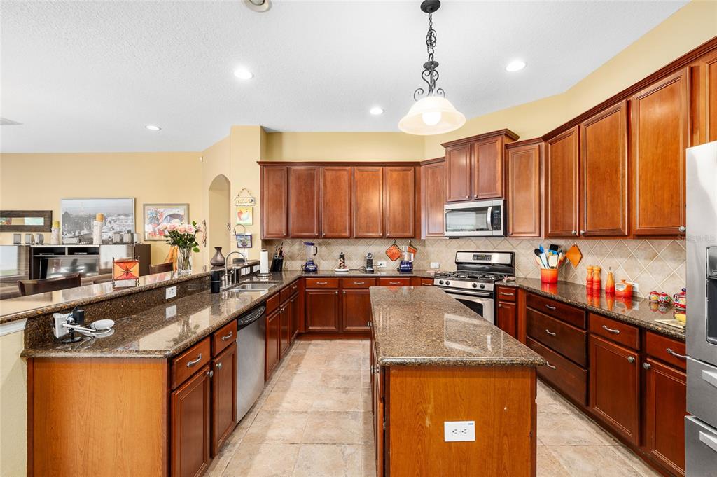11845 Newberry Grove Loop Riverview, FL 33579 - Photo 17 of 47 a kitchen with kitchen island granite countertop a sink counter top space appliances and cabinets