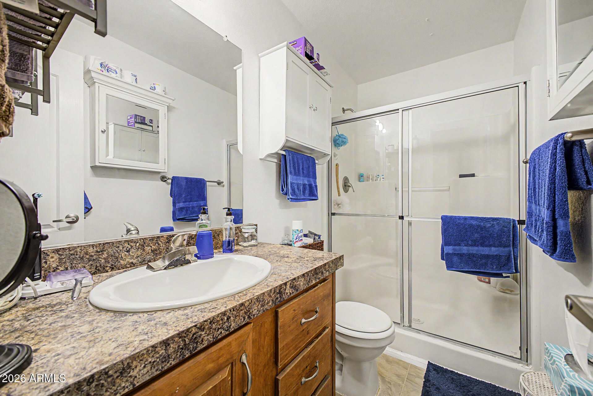 625 West McKellips Road, Unit 55 Mesa, AZ 85201 - Photo 12 of 21 a bathroom with a granite countertop sink toilet and shower