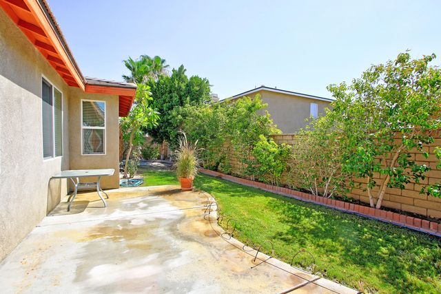 a view of a backyard with plants and a patio