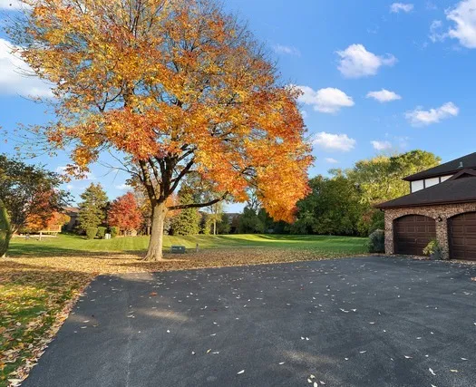 a view of a house with a yard and a garden