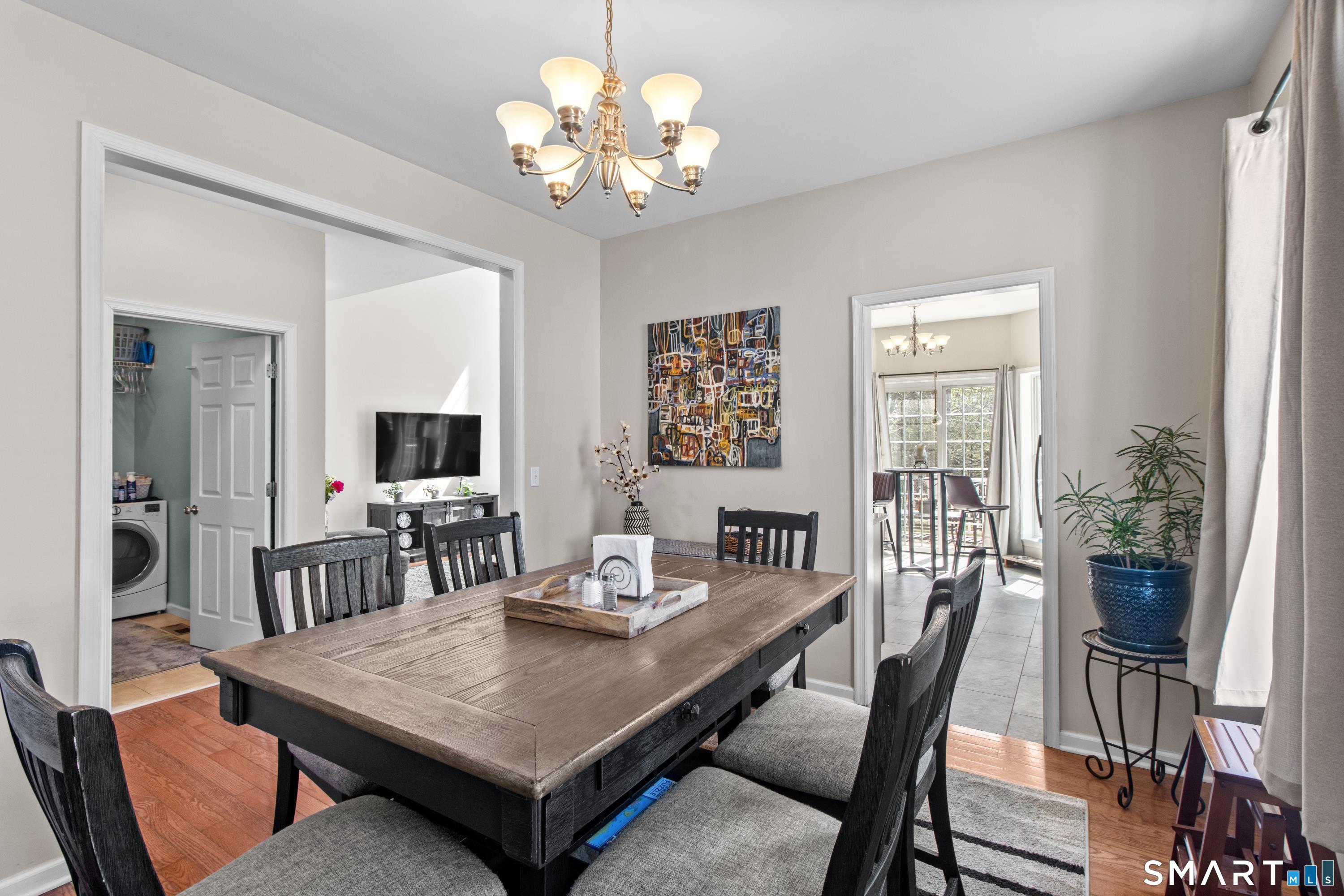 5 Haskins Road, Unit 5 Windsor, CT 06095 - Photo 25 of 40 a dining room with wooden floor and chandelier