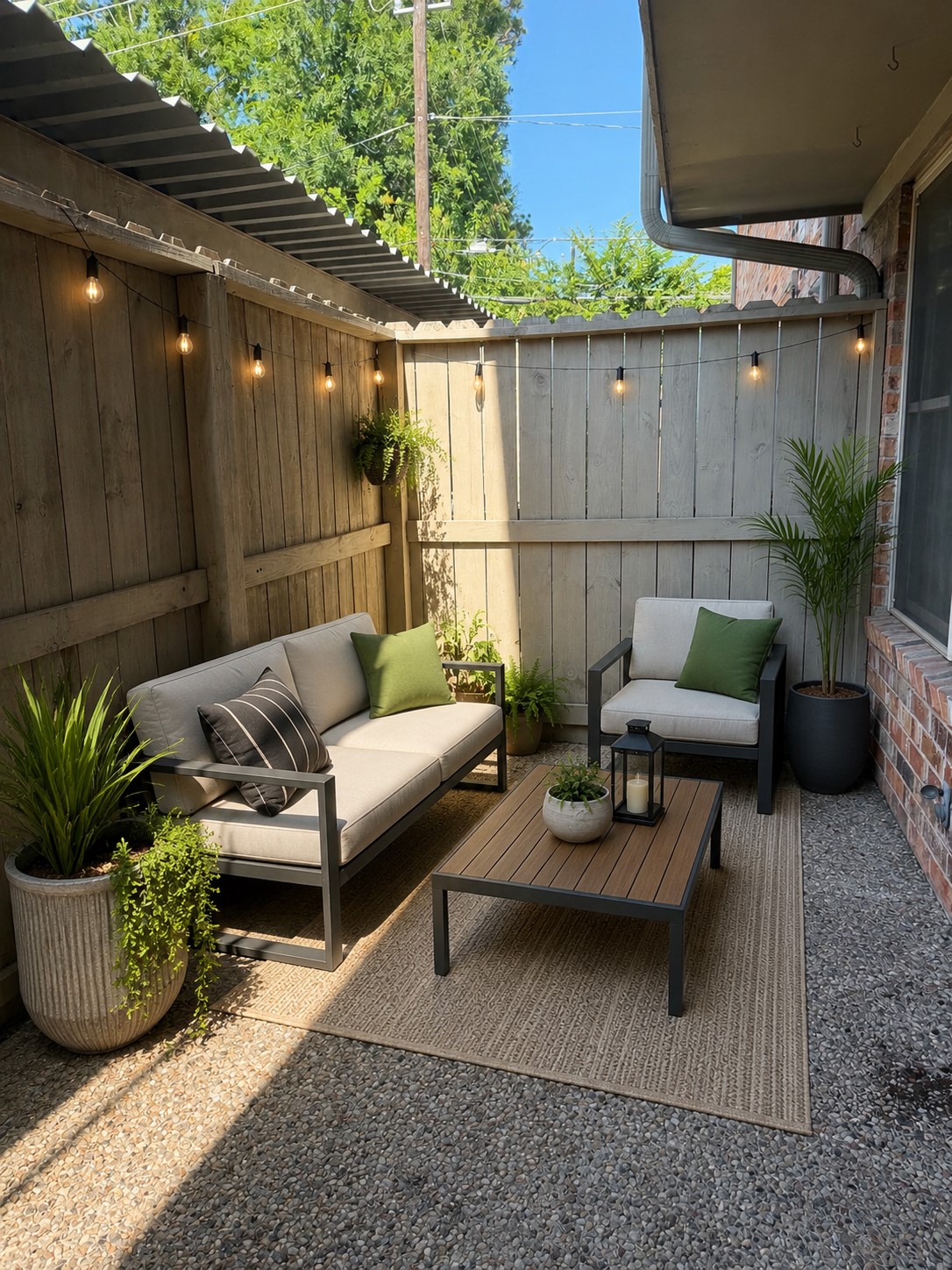 a outdoor space with patio couch and potted plants