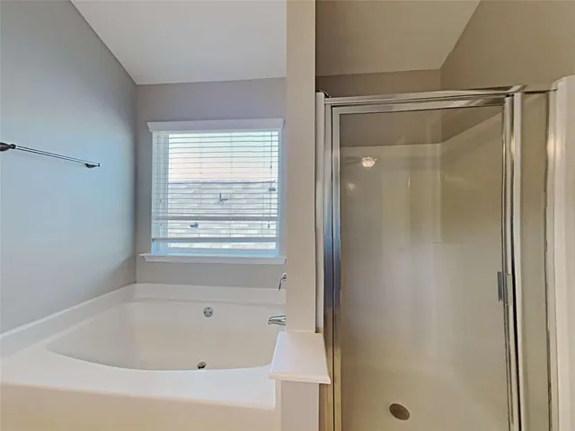 a bathroom with a bathtub and a shower