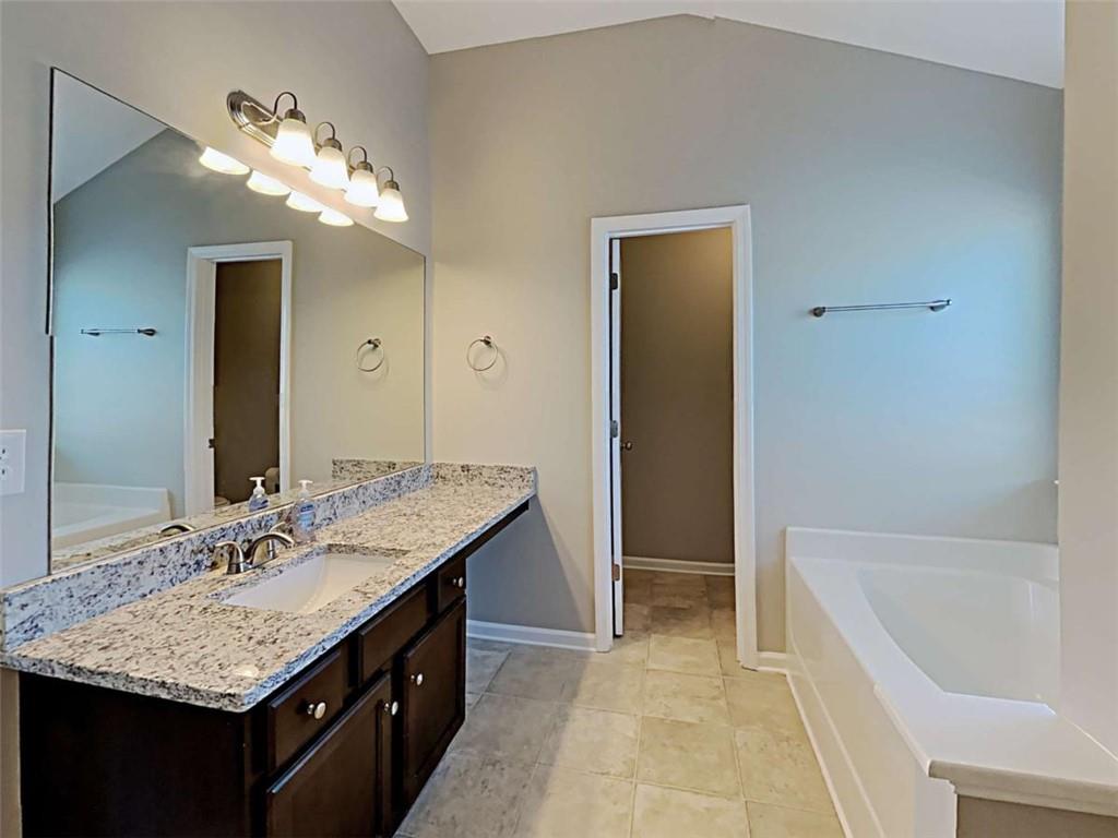 421 Reinhardt Lane Ball Ground, GA 30107 - Photo 22 of 22 a bathroom with a granite countertop sink a large mirror and a bathtub