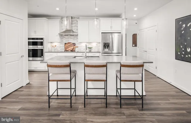 a kitchen with a potted plant on the counter and cabinets