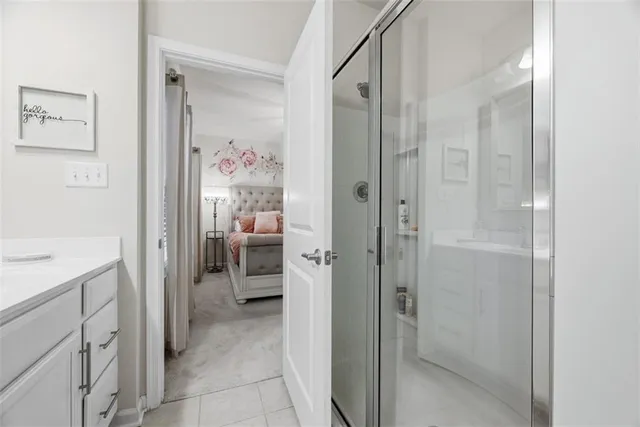 a view of a bathroom from the hallway