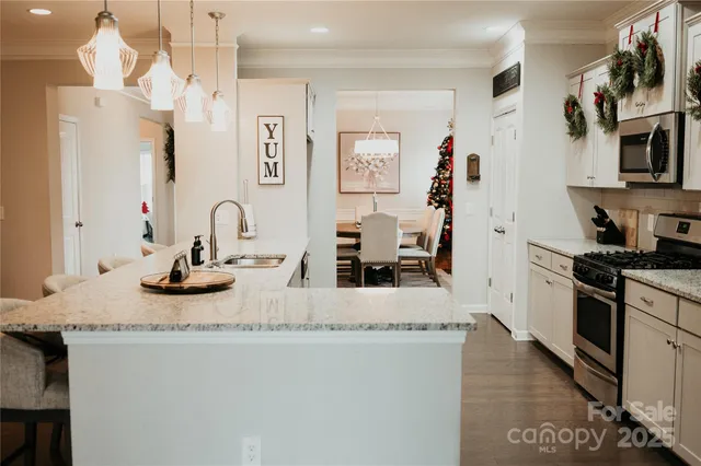 a kitchen with stainless steel appliances granite countertop a sink and a refrigerator