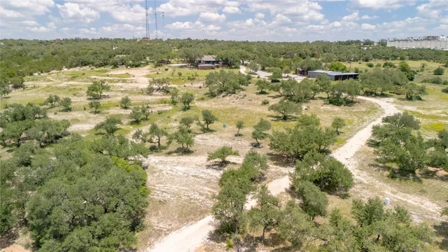 an aerial view of residential houses with outdoor space and trees