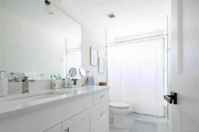 a bathroom with a double vanity sink toilet and a mirror