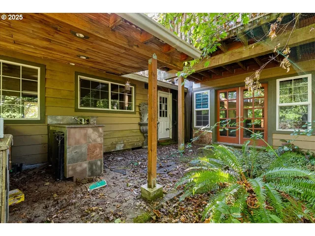 a view of a backyard with plants and a patio