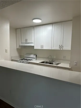 a kitchen with a sink a stove and cabinets