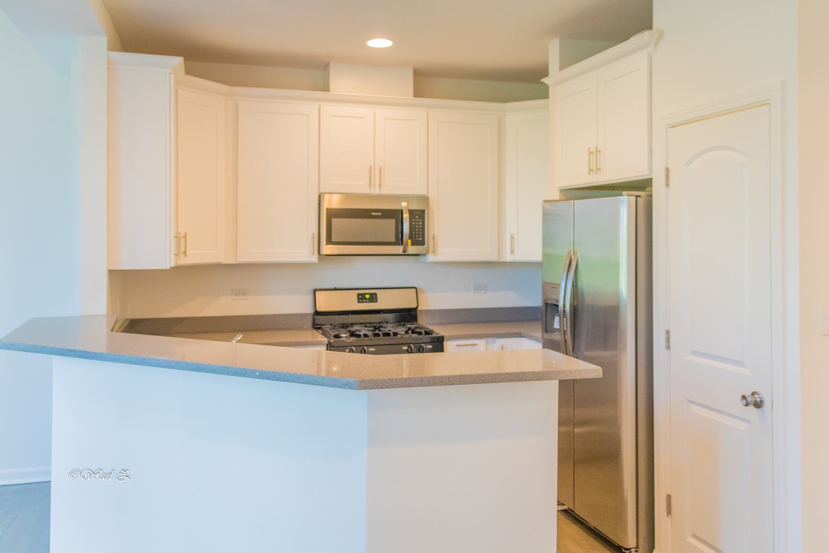 12728 Wild Rye Court, Unit B Plainfield, IL 60585 - Photo 6 of 21 a kitchen with stainless steel appliances a refrigerator a stove a microwave and cabinets