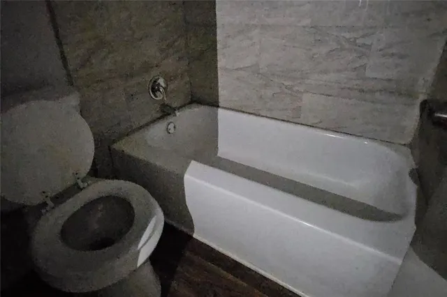 a bathroom with a toilet and a tub