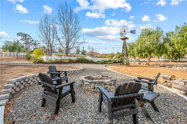 a view of a backyard with sitting area