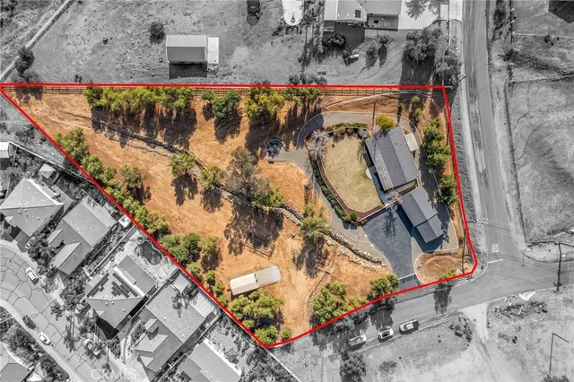 an aerial view of a tennis ground with a large tree