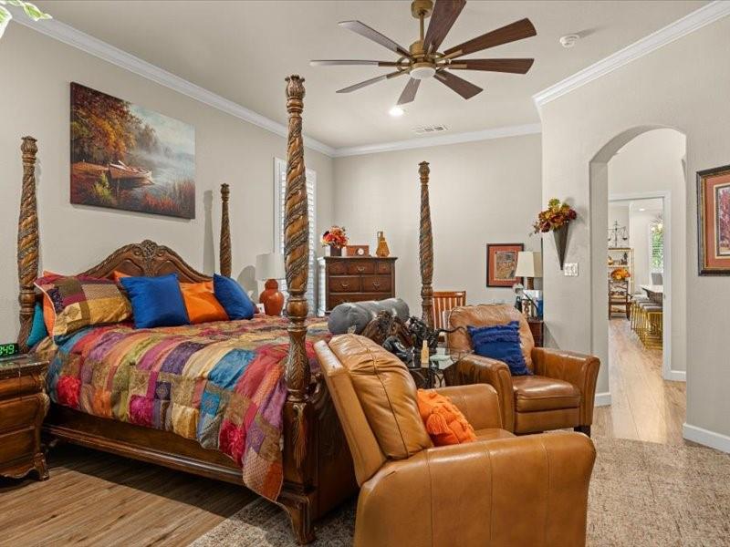 3510 Fountain Way Granbury, TX 76049 - Photo 17 of 27 Bedroom with arched walkways, ornamental molding, a ceiling fan, and light wood finished floors