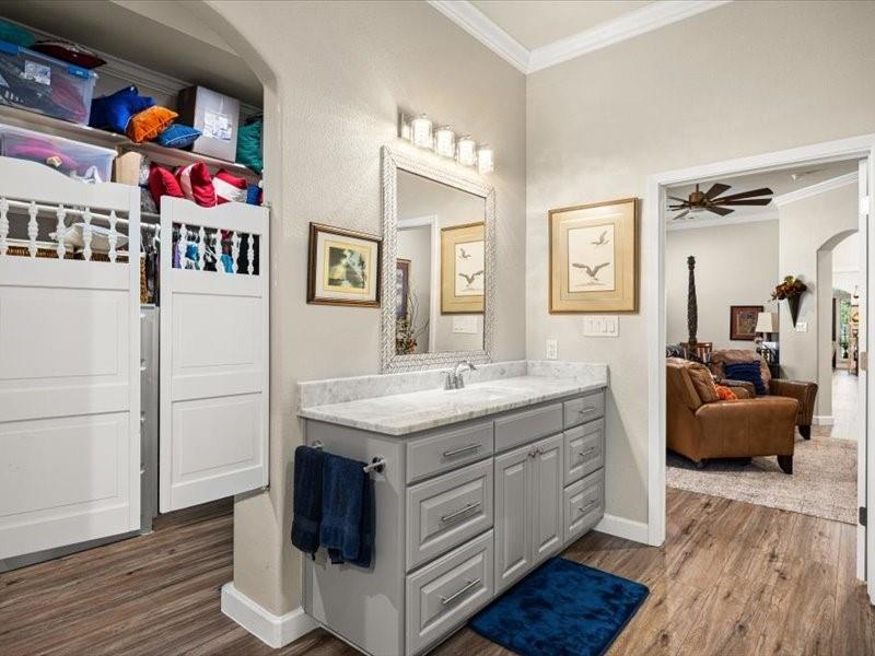 3510 Fountain Way Granbury, TX 76049 - Photo 19 of 27 Bathroom featuring crown molding, dark wood finished floors, vanity, and ensuite bathroom