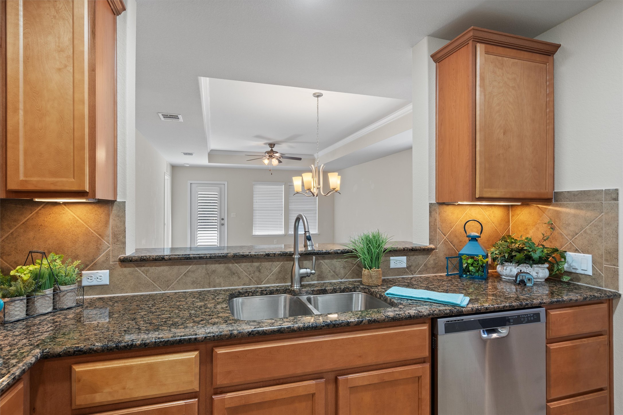 307 Kickapoo Creek Lane Georgetown, TX 78633 - Photo 10 of 30 Polished granite countertops and classic wood cabinetry overlook the open living spaces.