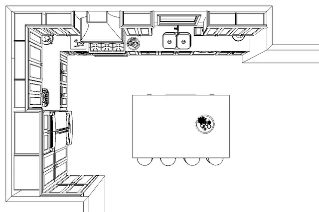 a kitchen with white cabinets and chairs