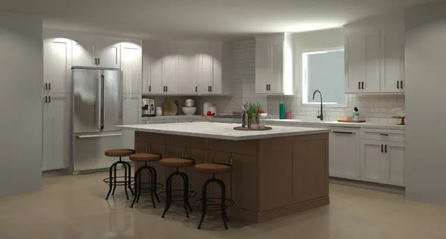 a kitchen with cabinets and refrigerator