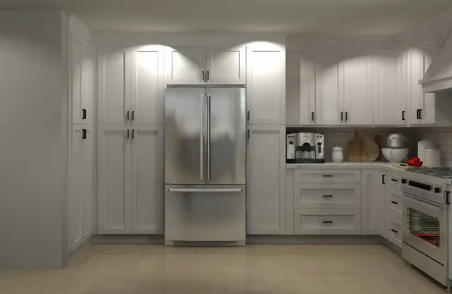 a kitchen with stainless steel appliances a stove microwave and refrigerator