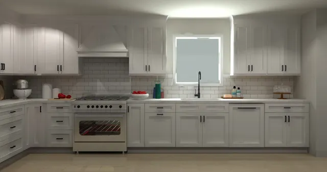 a kitchen with white cabinets and a stove