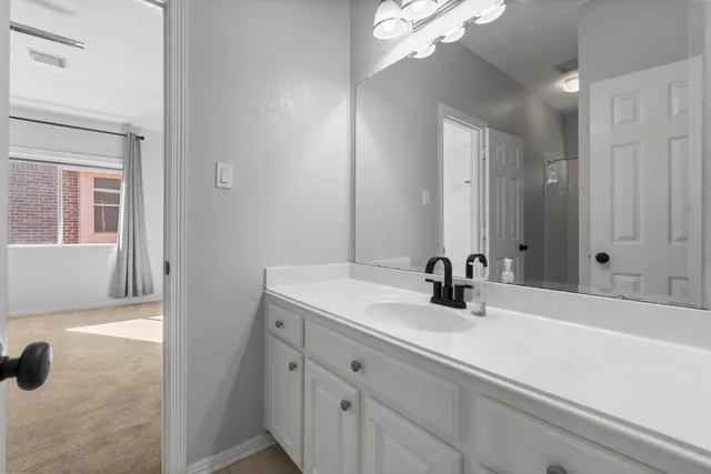 a bathroom with a sink a vanity and a mirror