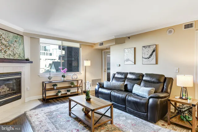 a living room with furniture a rug and a fireplace