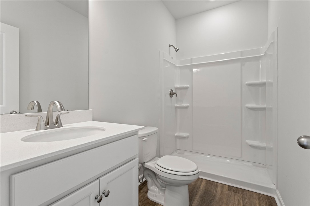 146 Cedar Shoals Easley, SC 29640 - Photo 15 of 34 This bathroom features a contemporary vanity, toilet, and shower with practical shelving.