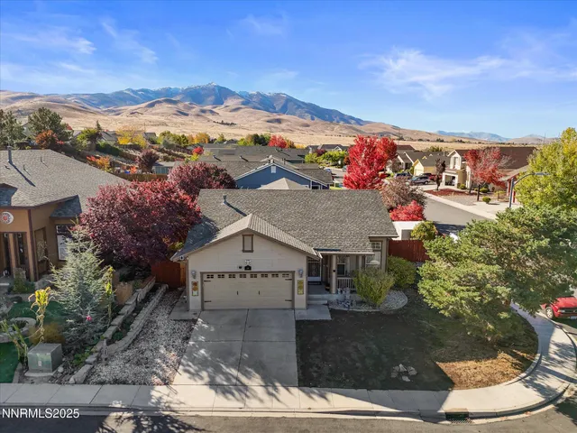 an aerial view of a house with a yard and a large tree