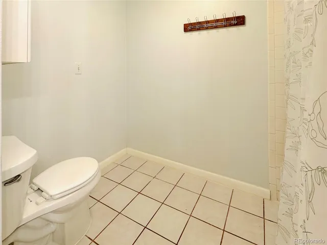 a bathroom with a toilet and a shower curtain