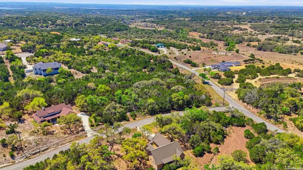 an aerial view of residential houses with outdoor space and trees