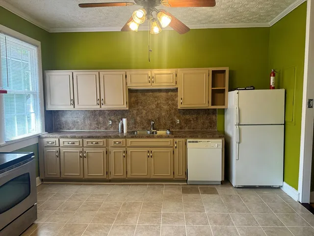 a kitchen with a refrigerator sink stove and cabinets