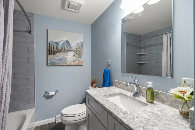 a bathroom with a granite countertop toilet a sink and a mirror